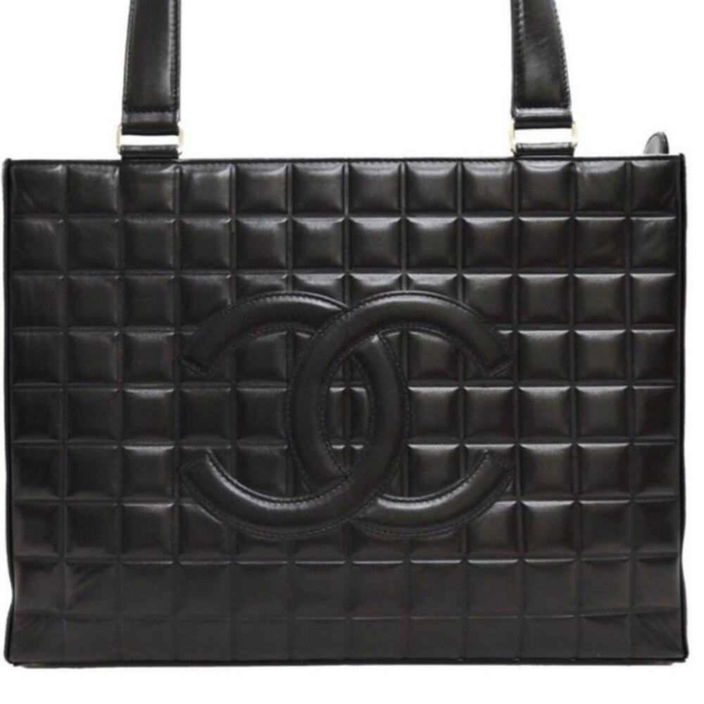 Chanel Chocolate Bar Tote Black Lambskin Full Set Box Dust Bag
